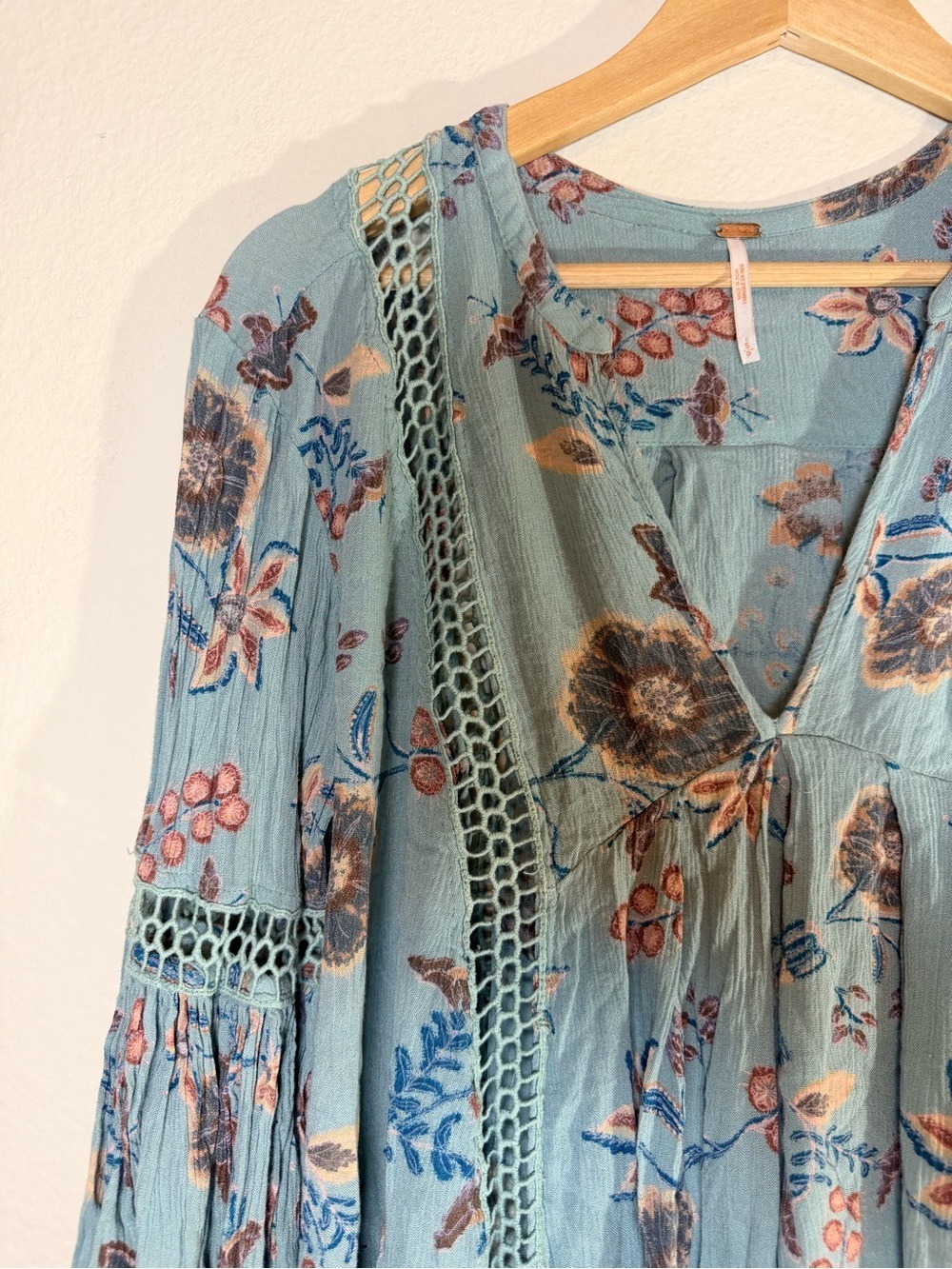 Free People Floral Crochet Lace Mini Dress Tunic Blue Boho S - Picture 6 of 10